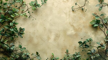 The background is plain and beige, with some green leaves and branches partially visible around the edges of the frame