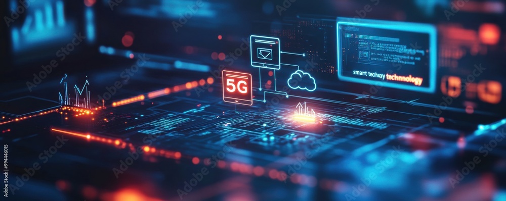Poster digital illustration showcasing 5g smart technology in a futuristic environment with glowing network