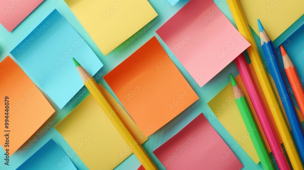 Poster the image depicts a collection of colorful blanc empty sticky notes attached to a wall or board.