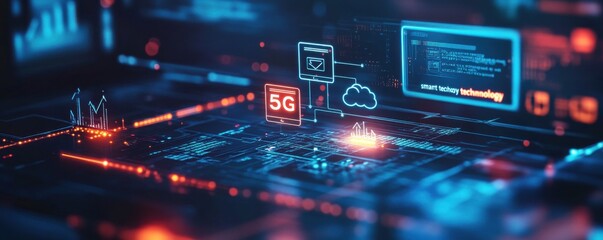 Digital illustration showcasing 5G smart technology in a futuristic environment with glowing network symbols and digital connectivity elements