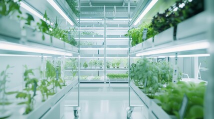 A high-tech indoor farming facility with organized rows of greenery under cool artificial lighting, showcasing modern agriculture and hydroponics.
