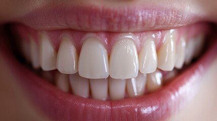 Fototapeta premium White smile. A close-up view of a row of teeth. The gums are a healthy pink, suggesting good oral hygiene.