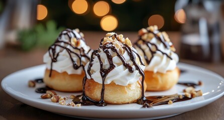 Delicious dessert with whipped cream and chocolate drizzle served on a white plate