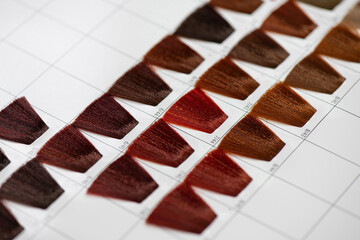 Set of hair samples with different colorful red color shade.  Close-up of hair color palette with a...