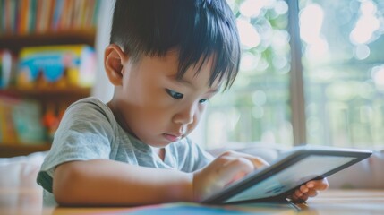 A young child intently using a digital tablet at home, surrounded by a cozy environment, illustrating early learning and interaction with technology.