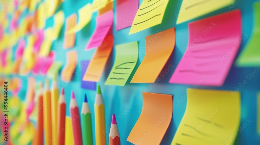 Poster the image depicts a collection of colorful blanc empty sticky notes attached to a wall or board.