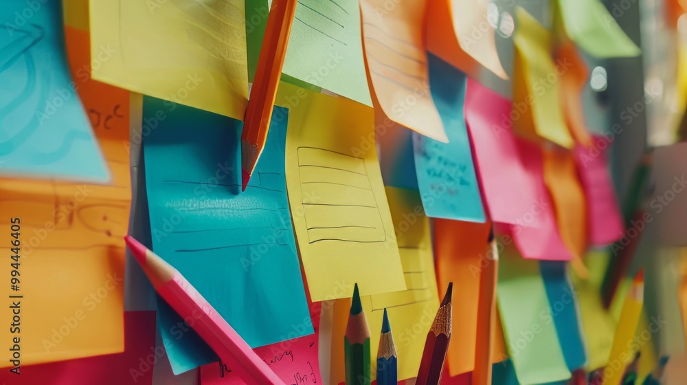 Poster the image depicts a collection of colorful blanc empty sticky notes attached to a wall or board.