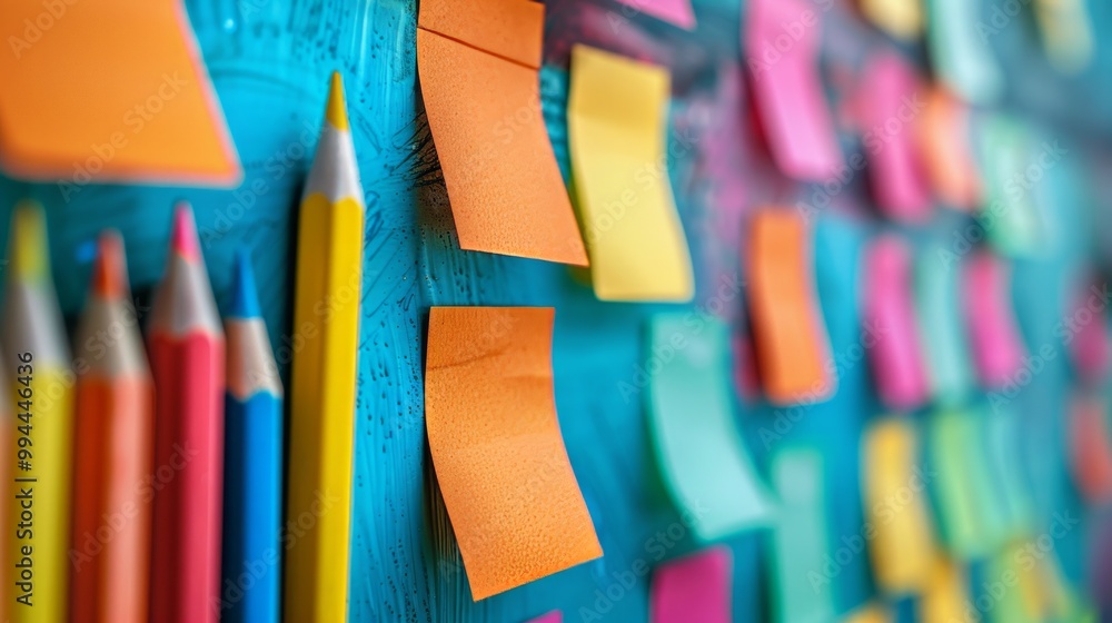 Poster the image depicts a collection of colorful blanc empty sticky notes attached to a wall or board.