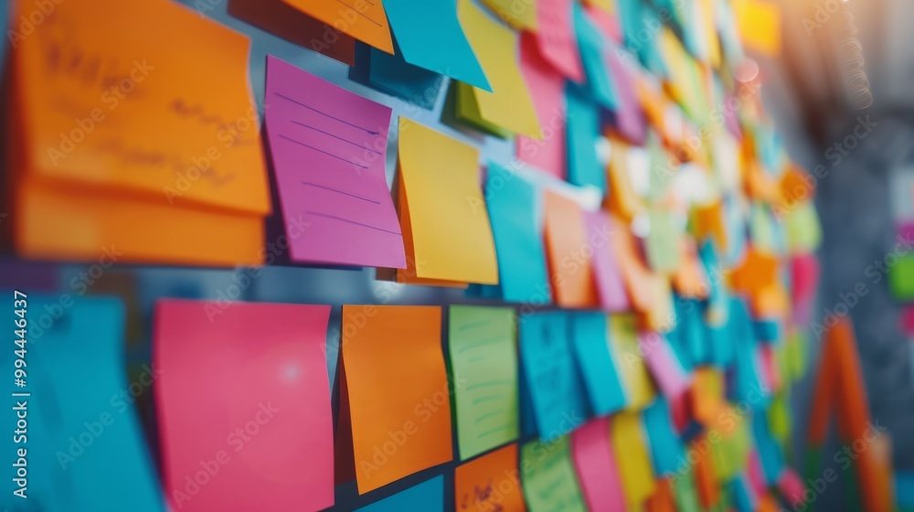 Poster the image depicts a collection of colorful blanc empty sticky notes attached to a wall or board.