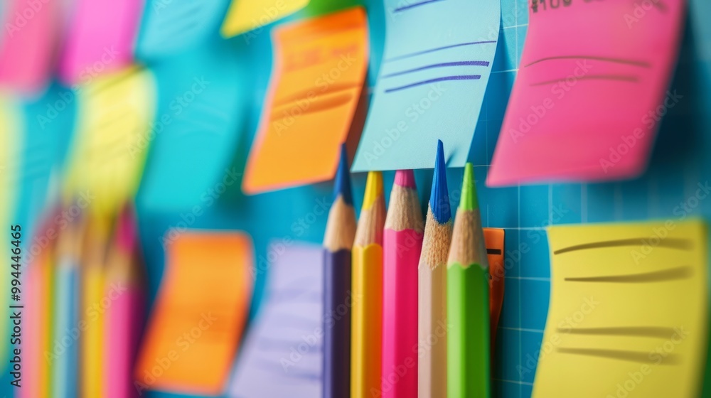Poster the image depicts a collection of colorful blanc empty sticky notes attached to a wall or board.