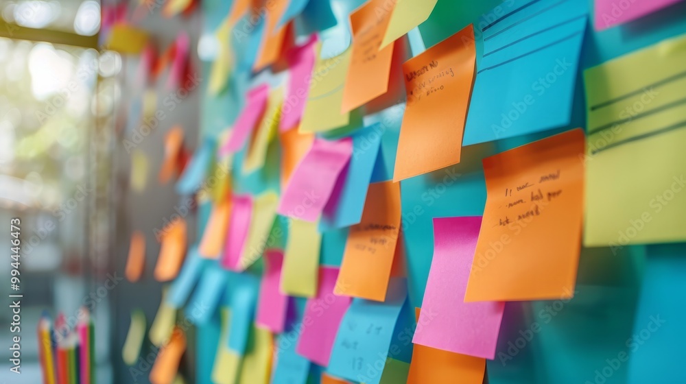 Poster the image depicts a collection of colorful blanc empty sticky notes attached to a wall or board.