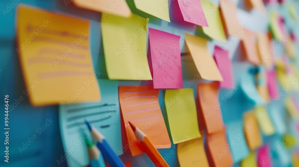Poster the image depicts a collection of colorful blanc empty sticky notes attached to a wall or board.