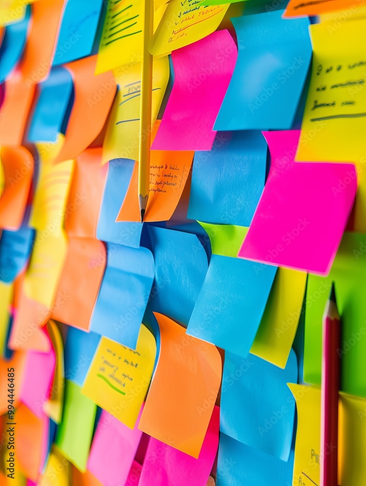 Poster the image depicts a collection of colorful blanc empty sticky notes attached to a wall or board.