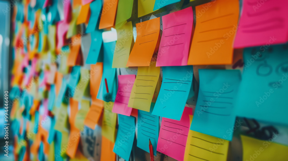 Poster the image depicts a collection of colorful blanc empty sticky notes attached to a wall or board.