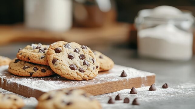 Homemade chocolate chip cookies on a wooden board with flour and chocolate chips scattered