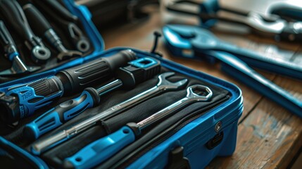 Fototapeta premium Set collection of blue screwdriver work tool in open case on the wooden table closeup, handyman home repair kit toolbox