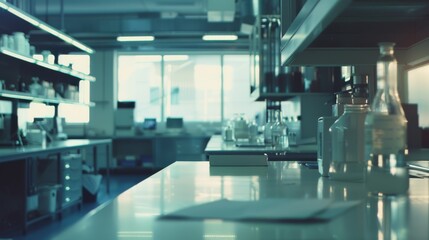 Fototapeta premium A pristine, modern laboratory filled with equipment and sunlight streaming through the windows, exemplifying precision and cleanliness.