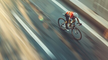 An aerial view of a cyclist riding on an open road, capturing the seamless flow and rhythm of a determined journey under the morning light.