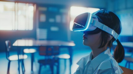 A young girl immerses herself in virtual reality with a VR headset in a classroom setting, exploring the future of education with modern technology.