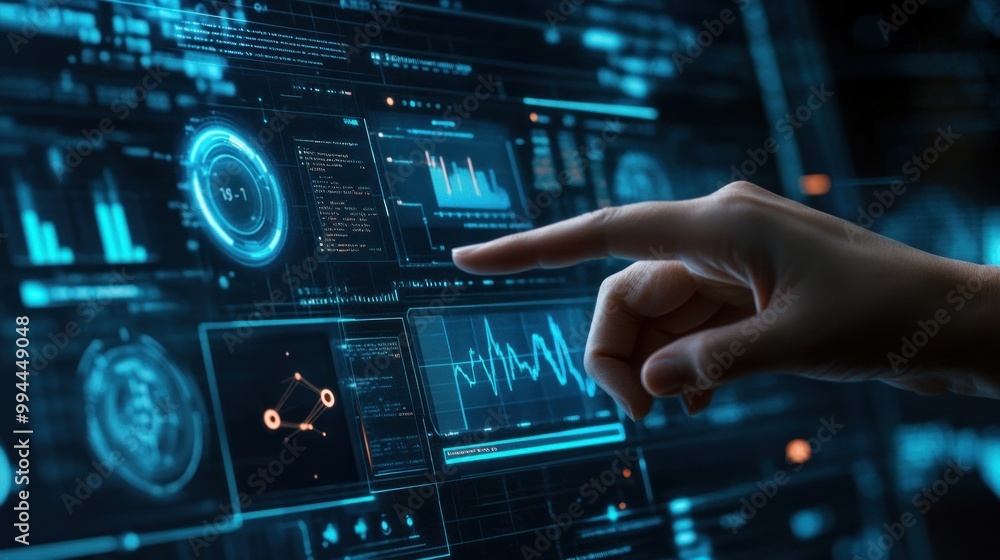 Poster Hand Interacting with a Futuristic Interface Displaying Data and Charts