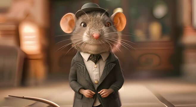 A dapper rat in a suit and hat walks through a city