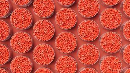 Top view on grid of glasses filled with red plastic polypropylene granules, masterbatch polymer grain. HDPE or PVC resin pellets. 3d render illustration