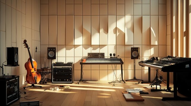 A minimalist music studio with acoustic panels, a few high-end instruments, and a simple recording setup The room is designed for clarity of sound with minimal distractions