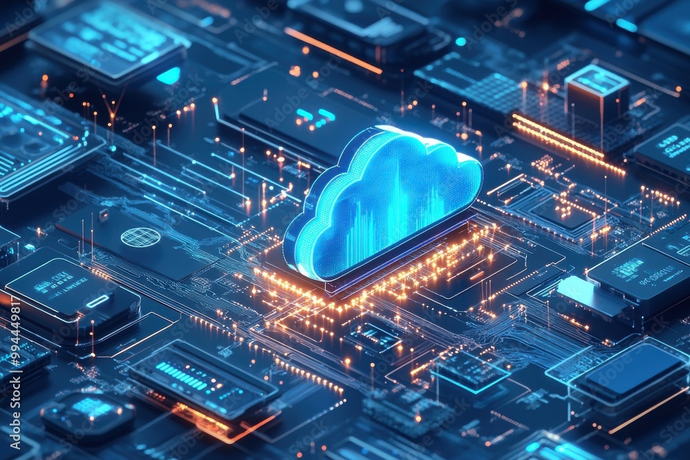 Poster futuristic digital illustration of cloud computing technology with neon cloud graphics and data circ