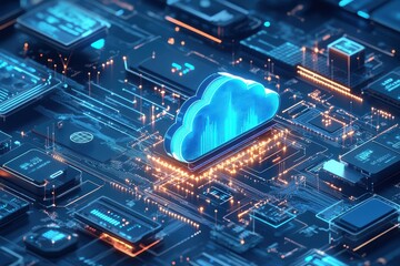 Futuristic digital illustration of cloud computing technology with neon cloud graphics and data circuitry in a vivid urban landscape
