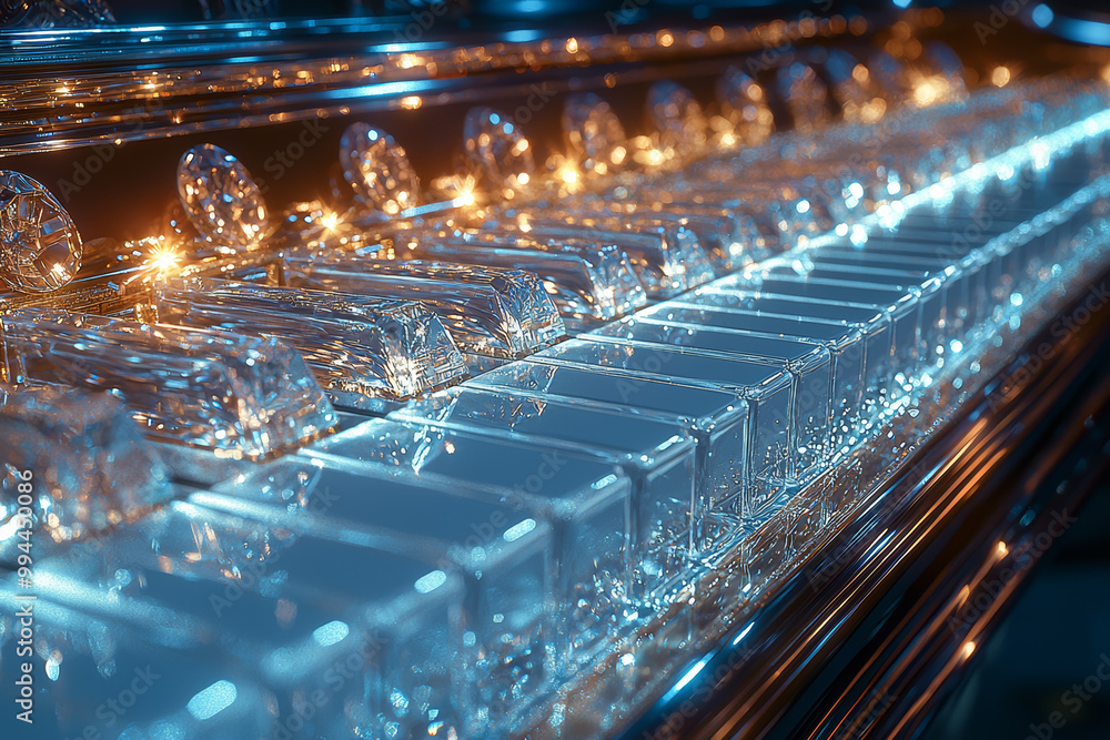 Poster a close-up of a musical instrument with keys made of crystal and strings of light, symbolizing the f