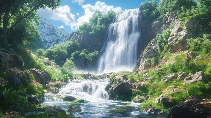 Fototapeta premium Majestic Waterfall in Lush Green Landscape