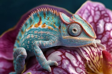 Obraz premium Close up of a Vibrant Blue Chameleon on a Pink Orchid Flower
