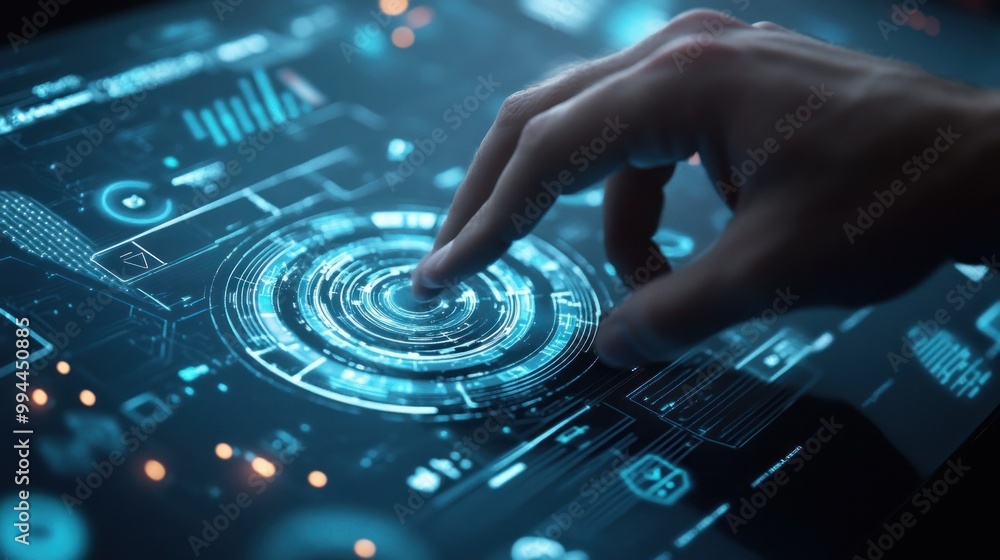 Poster hand interacting with a futuristic digital interface