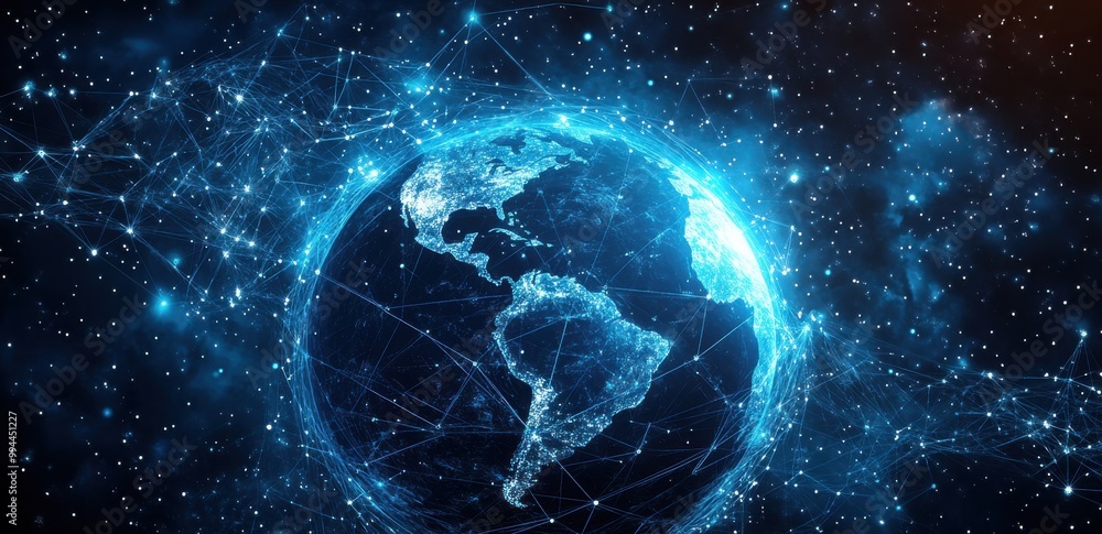 Aufkleber digital illustration of earth surrounded by interconnected global network of data and technology