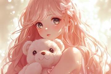 Cute anime girl with pink hair and teddy bear illustration