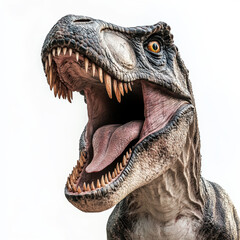 Fierce Tirannosaurus rex dinosaur with open mouth roaring. T-Rex isolated in white background.