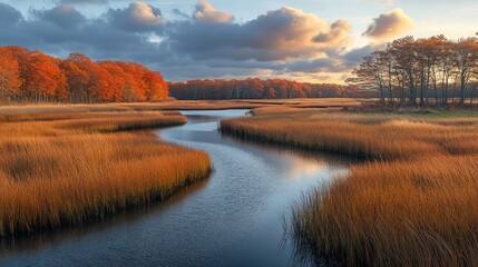 New England fall landscape featuring a serene salt marsh in Connecticut. Reflective saltwater channels, vibrant autumn foliage, and soft clouds, ideal for meditation background