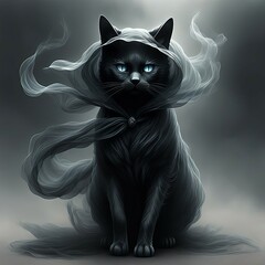A fantasy black cat with a smoky veil hood on it with flowing material on a dark background