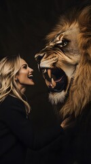 A woman in business attire is facing off against an angry lion, with her hair blowing back as she extends one hand towards the majestic creature's open mouth