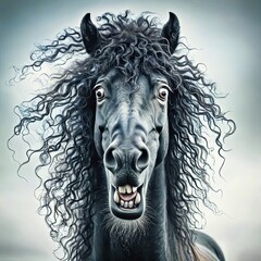 Obraz premium A gray pencil-drawn shadow horse neighs grinning with curly flowing hair on a mane on a white background