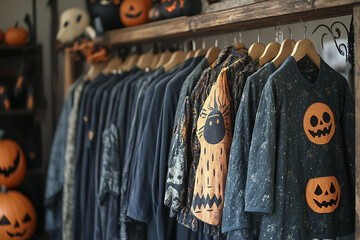 Fototapeta premium Boutique-style Halloween costume shop featuring kid-friendly ghost and vampire costumes. Displayed on racks and mannequins with bright colors, cute accessories, and modern twists on classics. 