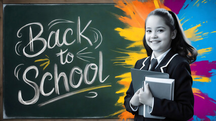 A cheerful schoolgirl holding a book stands in front of a colorful back to school text concept on green chalkboard background, poster, ready for a new academic year, educational concept, banner