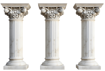 Pillar isolated on transparent background, architecture element reminiscent of old buildings, classic marble column design, ancient Greek or Roman style, decorative stone structure