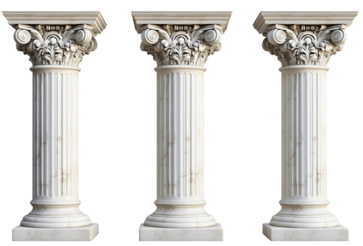 Pillar isolated on transparent background, architecture element reminiscent of old buildings, classic marble column design, ancient Greek or Roman style, decorative stone structure