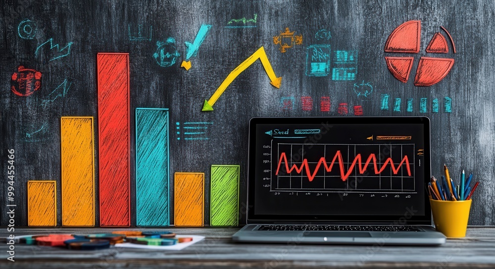Poster digital marketing strategy featuring graphs and charts with a laptop showcasing data analysis and bu