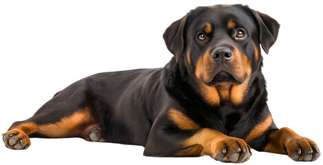 Fototapeta premium Rottweiler dog isolated on transparent background, loyal pet with distinctive black and brown coat, strong guard animal posing in studio, big purebred canine portrait