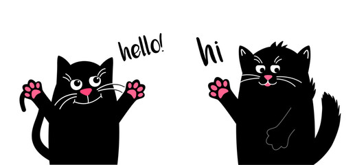hello answered hi. Cute cat at home. black cat. Vector illustration in a flat style. For printing on cup, t-shirts or Greeting card. © kornetka