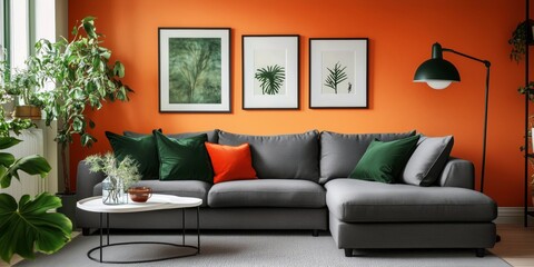 A stylish gray sofa with colorful tropical-themed cushions, vibrant orange wall, and green plant decor creating a cozy and inviting living space.