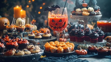 A festive Halloween party spread with a variety of creative and spooky treats, including cupcakes, cookies, and punch