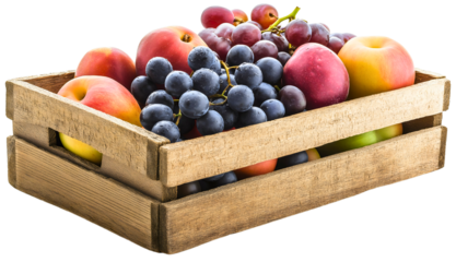 Wooden box filled with fresh fruit, isolated on transparent background, organic harvest from farm or garden, ripe produce in rustic crate, natural and healthy food assortment